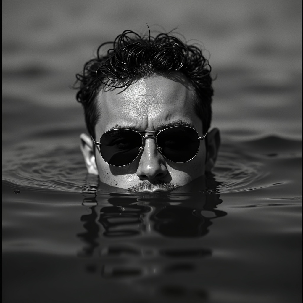 AI generated image by FLUX.1-image-to-image: A black and white photo of a man's head just above dark water, sunglasses partially submerged. The camera is low, parallel to the water