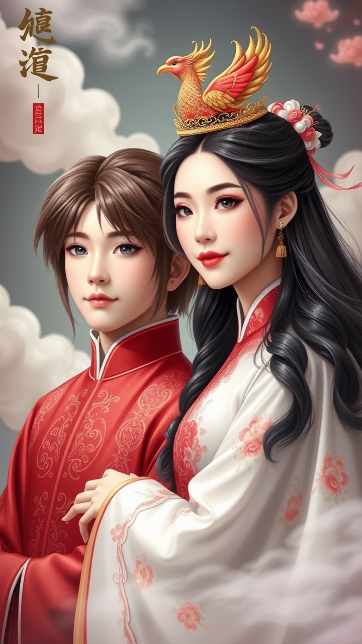 AI generated image by FLUX.1-schnell: 
A young couple in Chinese style, Long hair for boys，Phoenix crown and flowing clouds for girl, 