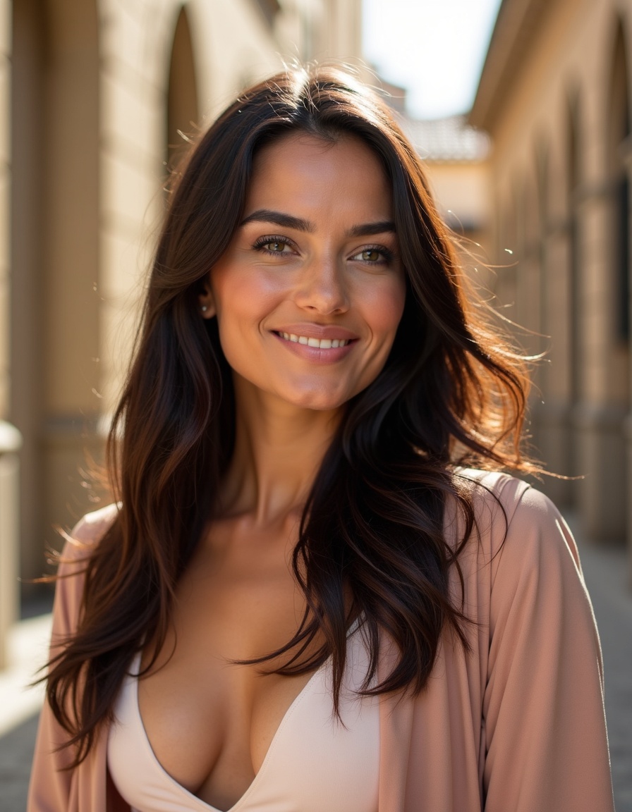 AI generated image by FLUX.1-image-to-image: Retrato elegante de uma mulher com rosto oval, pele morena queimada de sol, cabelos longos pretos volumosos e levemente ondulados, repartidos de lado com volume natural. Olhos verdes em formato amendoado, cílios marcantes, sobrancelhas escuras bem definidas. Lábios cheios com gloss rosa, nariz refinado e reto, feições simétricas. Usando jaqueta brilhante rosa e branca e brincos de argolga. Leve sorriso, cabeça inclinada para o lado, olhando for a da câmera. Iluminação natural, brilho suave na pele, fundo desfocado estilo foto de celular