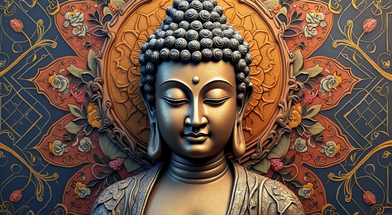 AI generated image by FLUX.1-pro: A Japanese hyper-realistic Buddha, set against a beautifully detailed, mixed-color background with intricate Zen tangle geometric patterns.