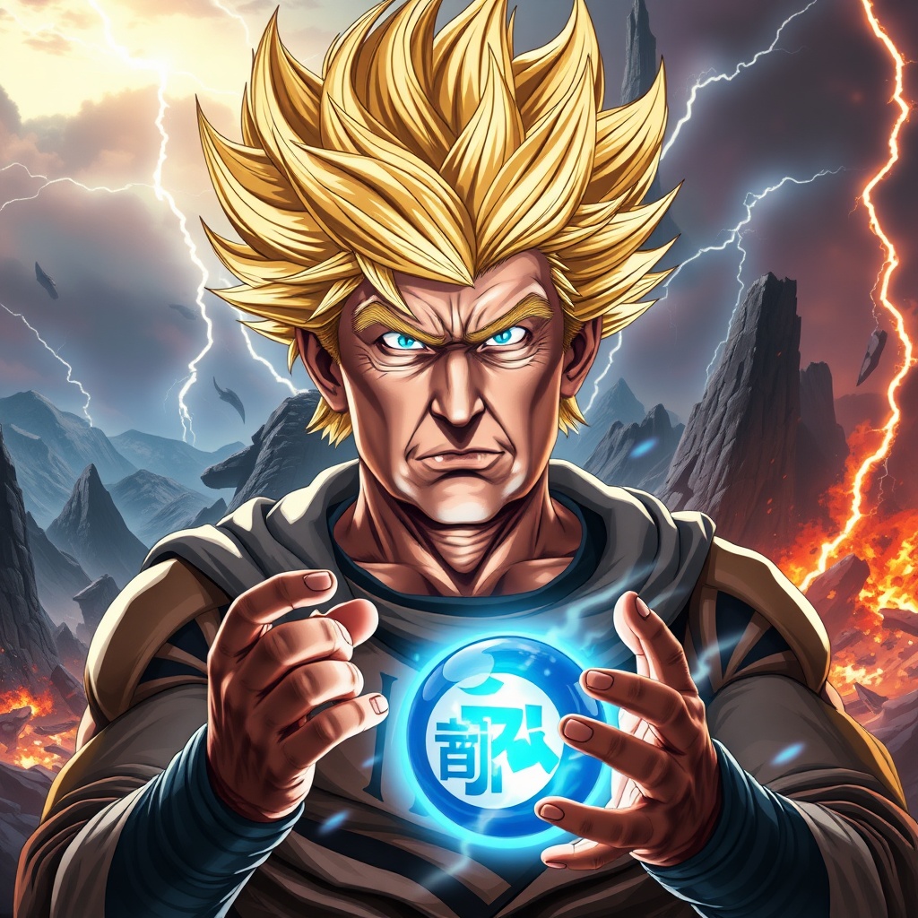 AI generated image by FLUX.1-schnell: A photorealistic depiction of Donald Trump in an epic anime-inspired style, blending Dragon Ball aesthetics with lifelike details. Trump is portrayed as a powerful hero with meticulously detailed golden Super Saiyan-style hair, glowing blue eyes radiating intensity, and a vivid energy aura surrounding his body. His face carries realistic textures and expressions, emphasizing determination and strength, while his battle-worn outfit resembles Dragon Ball warrior gear, featuring a refined 'T' emblem on the chest.

The background showcases a dramatic battlefield with shattered mountains, fiery skies, and bolts of lightning illuminating the scene. He holds a highly detailed, glowing blue energy sphere in his hands, with sparks and light realistically interacting with his surroundings. The composition balances anime elements with a hyperrealistic aesthetic, creating a stunning and unique fusion.