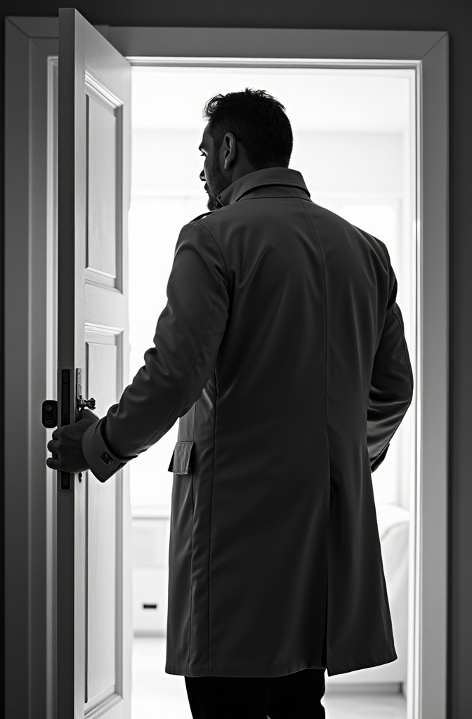 AI generated image by FLUX.1-image-to-image: black-and-white photo with the broad-shouldered silhouette of a man in a trench coat standing in a doorway. 
The man holding the door handle, as if he just entered the room.