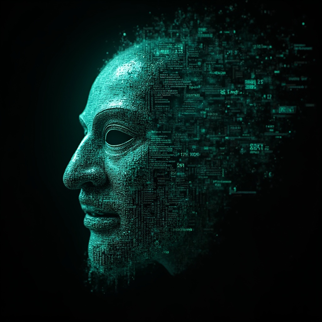 AI generated image by FLUX-Realism-Lora: Leonardo DaVinci's face as a digital mask made from thousands of bright turquoise numbers and formulas forming his face. The formulas and numbers fly behind the mask leaving a trail of complexity. The mask is floating dynamically in mid air. His head is turned to the right but his eyes are looking directly into the camera. The mask is on a black background. Like a png with black only background. Photo realistic, sci-fy