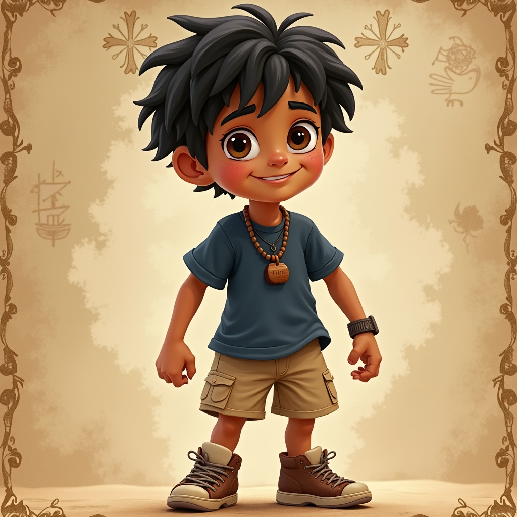 AI generated image by FLUX.1: A 14-year-old Arab boy with medium-tan skin, short messy black hair, and bright brown eyes full of curiosity and intelligence. He wears a simple navy-blue t-shirt, sandy-colored shorts, and old, worn sneakers that show he's always on the move. Around his neck hangs a small wooden pendant—an heirloom from his grandfather. His appearance reflects energy, courage, and a hint of mischief. His facial expression blends excitement and determination.
The character is set in a coastal village, with a backdrop of the sea or an ancient treasure map for added atmosphere.