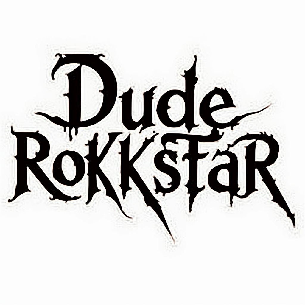 AI generated image by FLUX-Realism-Lora: "Dude Rokkstar" logo in the font of a 1980s heavy metal band logo, on white background