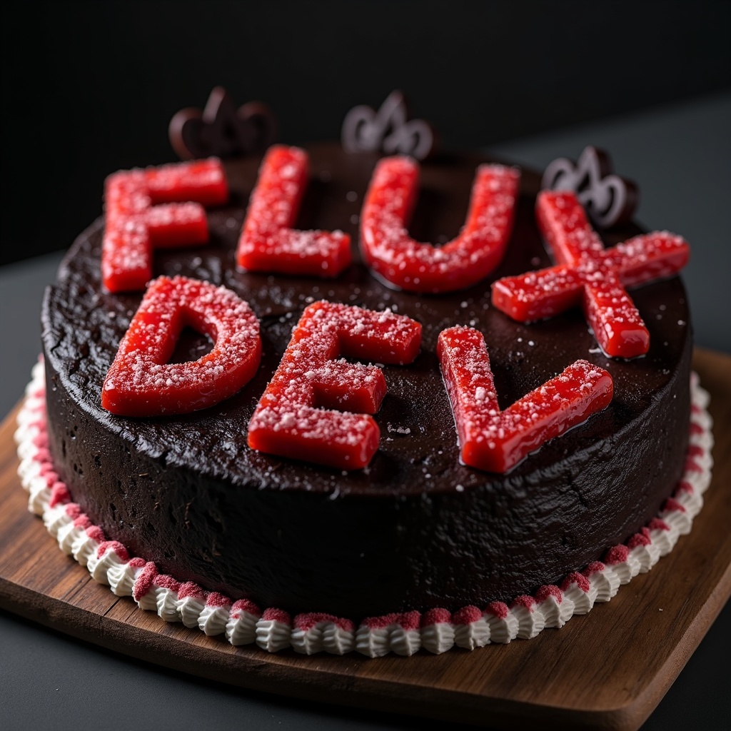 AI generated image by FLUX.1: black forest gateau cake spelling out the words "FLUX DEV", tasty, food photography, dynamic shot