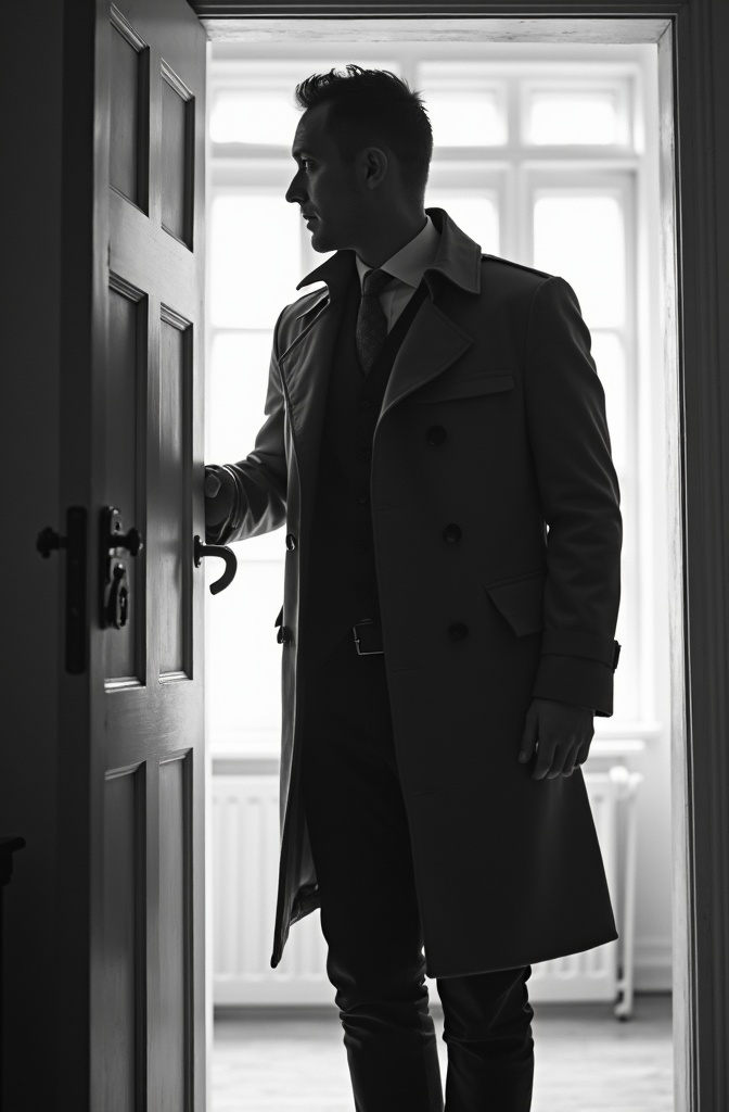 AI generated image by FLUX.1-image-to-image: black-and-white photo with the broad-shouldered silhouette of a man in a trench coat standing in a doorway coming and looking in. 
The man holding the door handle, as if he just entered the room.


