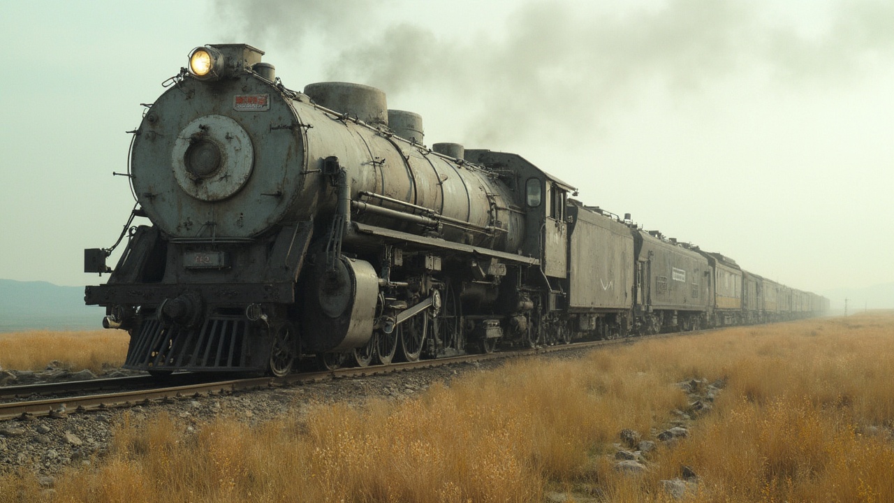 AI generated image by FLUX-Realism-Lora: El costado de una locomotora a vapory sus vagones vistos de manera horizontal, viajando por el campo