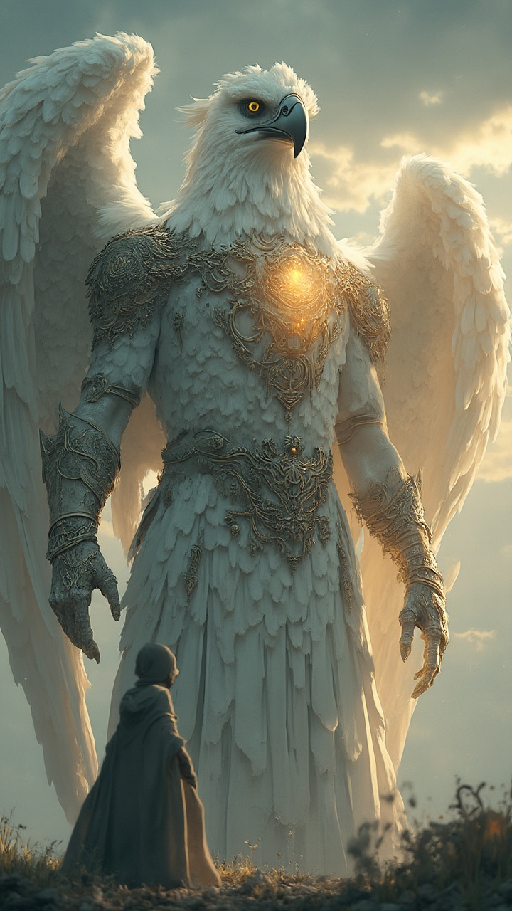 AI generated image by FLUX-Realism-Lora: Ultra-detailed fantasy, hyper-realistic 9:16 cinematic low-angle shot of an imposing, god-like angelic being with the head of a majestic eagle covered by an ornate golden mask. The angel has massive, feathered white wings and wears intricate white and gold armor with fine filigree details, glowing with divine light. In the foreground, a small blurry human figure in a simple robe looks up in awe. The background is a vast heavenly landscape beneath a dramatic, storm-lit sky. Hyper-realistic, emotional, awe-inspiring atmosphere.