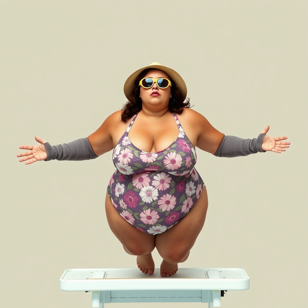 AI generated image by FLUX.1-schnell: In the photo you can see a chubby woman dressed in a hat and pool goggles and tacky flower-print swimsuits. She is wearing arm warmers to float on her arms and is jumping off a diving board. The background is a neutral color.