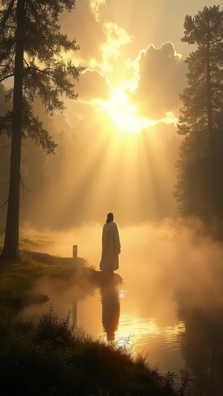 AI generated image by FLUX-Realism-Lora: A highly realistic, cinematic scene captures a serene and awe-inspiring moment with a silhouette of Jesus standing at the edge of a peaceful lake, gazing into a stunning sunrise or sunset. The warm golden light from the low sun pierces through scattered clouds, creating radiant beams that illuminate the sky and reflect in the still water below. Jesus, dressed in flowing white robes that gently drape down to the ground, stands gracefully with his back facing the viewer, casting a long reflection on the lake’s surface. The scene is framed by towering trees on either side, their dark branches adding contrast to the luminous sky. Mist rises delicately from the water, enhancing the ethereal quality of the moment. The surrounding landscape is a lush, green meadow that meets the water’s edge, adding a sense of tranquility and natural beauty. The entire composition is bathed in warm hues of gold, orange, and soft blue, creating an atmosphere that feels peaceful, divine, and full of reverence, inviting the viewer into a moment of contemplation and connection with the divine