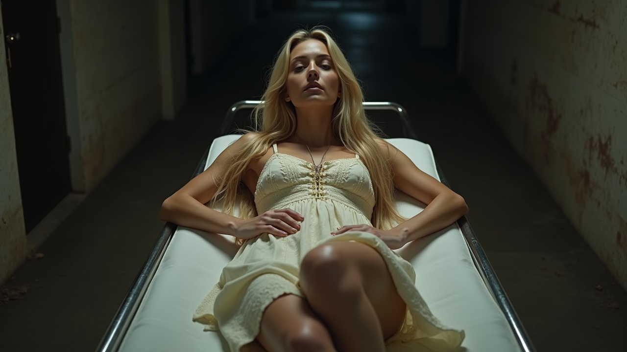 AI generated image by FLUX.1: top-front view full length captive beautiful model blonde with long hairs in light summer dress lying on steel gurney in dark basement