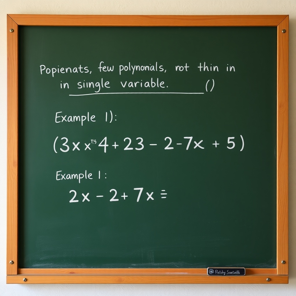 AI generated image by FLUX.1-schnell: [Scene transitions to examples of polynomials written on the board.]
Narrator: "Here are a few examples of polynomials in a single variable ( x ):"
[Example 1: ( 3x^4 + 2x^3 - 7x + 5 )]