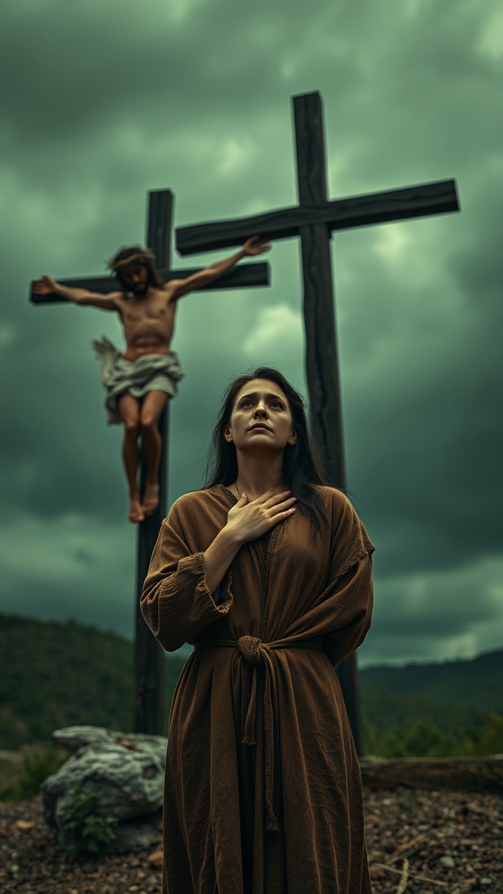 AI generated image by FLUX.1-schnell: In a hauntingly atmospheric 9:16 video shot, the scene opens on a solemn crucifixion, set against a dark, tumultuous sky that blankets the ancient landscape in a foreboding green-gray hue. Centered in the foreground stands a woman, her hand pressed to her heart in a pose of deep sorrow, with eyes fixed upward, embodying both reverence and grief. She is clothed in a loose, earth-toned robe tied with a simple belt, her expression deeply pained yet resilient, emphasizing her connection to the tragic events unfolding before her. Behind her rise two crosses, prominently featuring Jesus on the left, identifiable by his serene yet anguished expression, a crown of thorns encircling his head. His body shows signs of strain and suffering, with visible wounds and emaciated features, capturing the unmistakable imagery of the crucifixion with hyper-realistic detail.

Camera Movement: The shot begins with a slow upward tilt, starting from the woman’s waist, moving gracefully to her face, capturing the intensity of her emotions. The camera then gently shifts focus to reveal Jesus on the cross, slowly zooming in to emphasize the details—his face lined with suffering yet marked by a quiet acceptance, the crown of thorns casting shadows on his forehead, his wounds stark against his pale skin. This movement transitions to show the secondary figure on the cross, further amplifying the scene’s gravity. IMAX-level detail highlights every fabric fold, facial expression, and muscle strain, rendering the scene in ultra-high definition. The lighting casts dramatic shadows across the somber crowd in the background, who watch in silent mourning, their faces etched with anguish and reflection. This cinematic HD photorealistic shot captures award-winning cinematography, bringing extreme realism to this powerful, emotionally resonant moment, set against a desolate, stormy sky.
