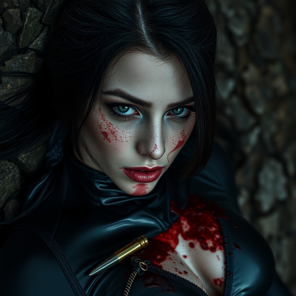 AI generated image by FLUX.1-schnell: She the most beautiful vampire girl and she is shot to dead by many enemies. Lot of details, high quality, 15k, View from far away on the vampire girl dying, Real wounds. Ultra realistic photo, Middle European girl, Perfect face, lips, mouth and whole sexy body. She is knelling wounded in the dark forest. Black tight latex suit unzipped, 21 years old, Cute face in shock of being wounded, Heart shot, hourglass body, Most beautiful female, great and perfect sexy body, Perfect face, big full lips, long legs, dark hair, nice blue eyes. She is shot in her chest by the sniper right in her heart, kill shot. Bloody wounds on her chest. Blood everywhere. Bloody bleeding wounds. Dark bloody bullet holes on her chest. She is shot 5 times in her chest. Many bloody bullet wounds on her chest. Big boobs