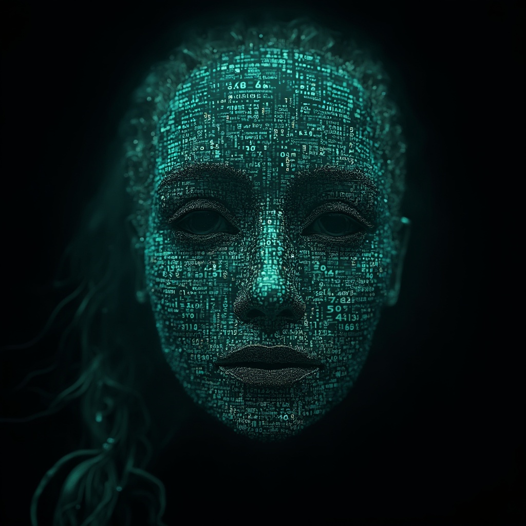 AI generated image by FLUX-Realism-Lora: Emmy Noether's face as a digital mask made from thousands of bright turquoise numbers and formulas forming her face. (she has a round, puffy face is 45 years old and has long hair which is made into a plait. She has slightly swollen eyelids and eye sacks) The formulas and numbers fly behind the mask leaving a trail of complexity. The mask is floating dynamically in mid air. Her head is slightly turned to the right but her eyes are looking directly into the camera. The mask is on a black background. Like a png with black only background. Photo realistic, sci-fy