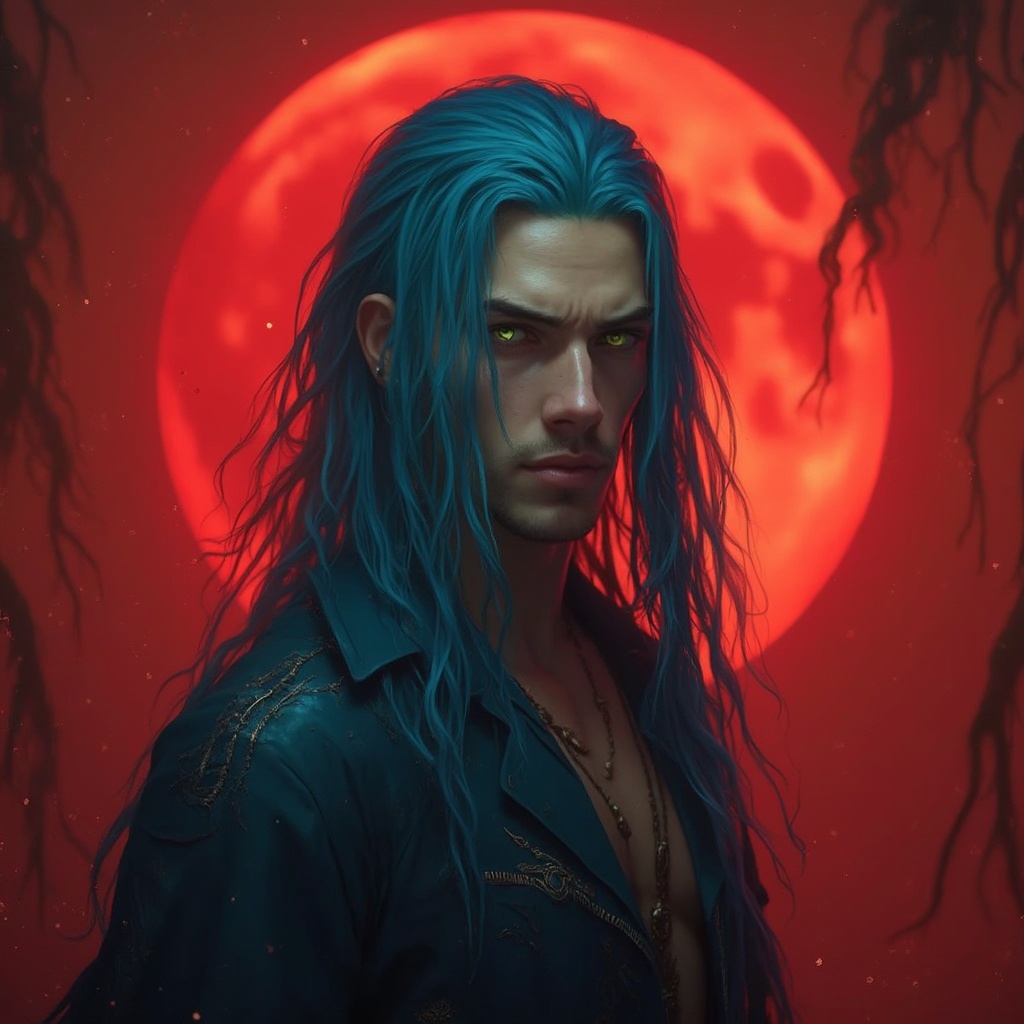 AI generated image by FLUX-Realism-Lora: The guy with mossy green eyes and long bright blue hair and fair skin, Gergeous, HD, he looked handsome and The guy with mossy green eyes and long bright blue hair and fair skin, Gergeous, HD , with red environment, huge red moon in background 