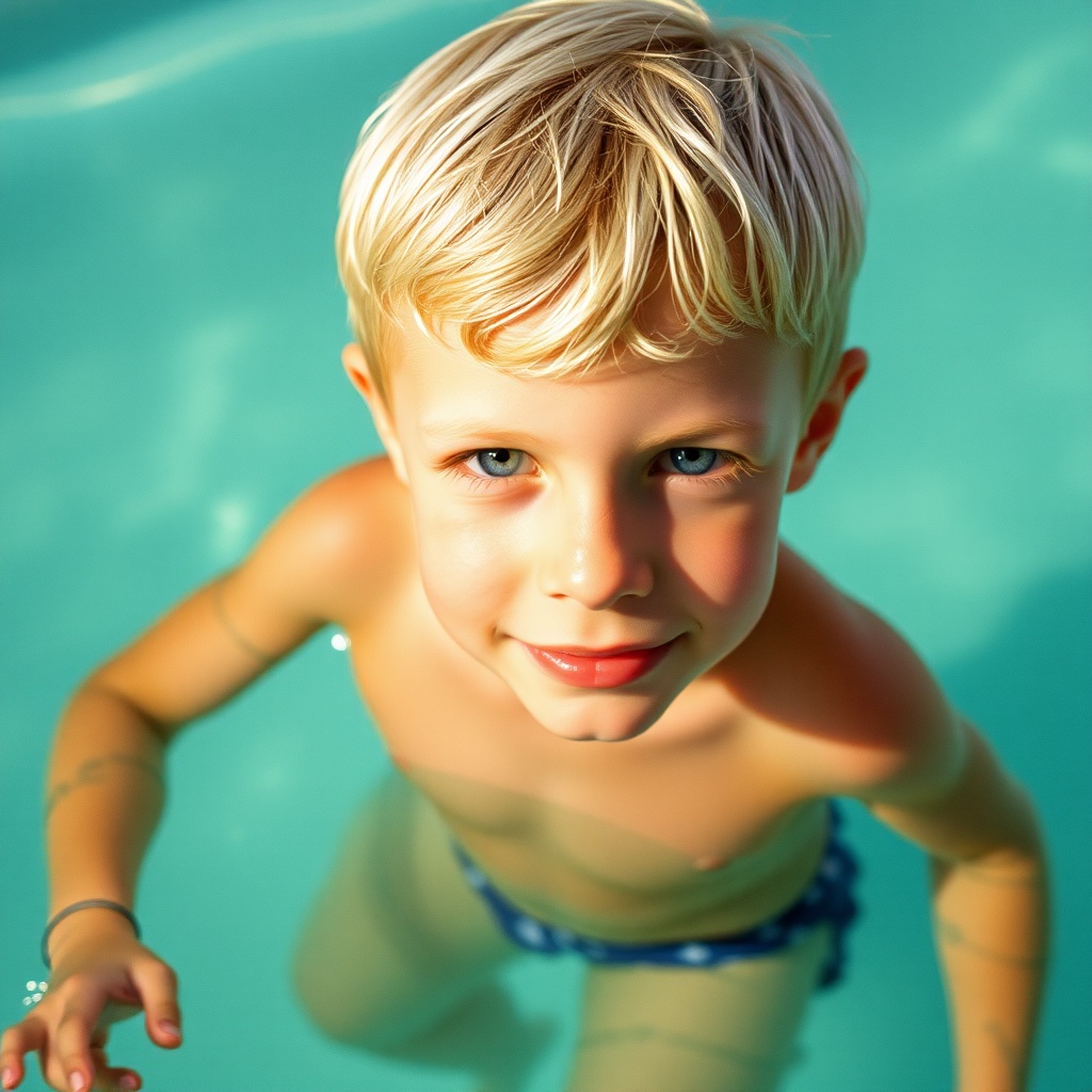 AI generated image by FLUX.1-schnell: height years old blond boy in speedo