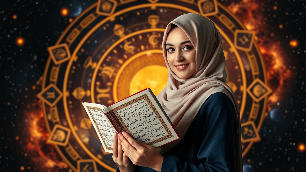 AI generated image by FLUX.1-schnell: a beautiful woman wearing a hijab holding the Koran against the background of the Islamic version of the solar system