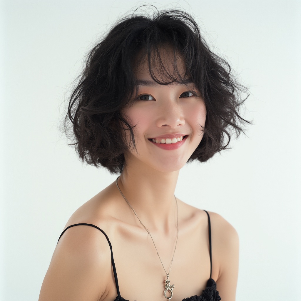 AI generated image by FLUX-Realism-Lora: A dmessy hair Japanese young model is posing for a bust-up portrait in a studio with a plain white background, soft and even lighting, with a gentle and noticeable smile, high resolution, professional studio setup, 35mm film,