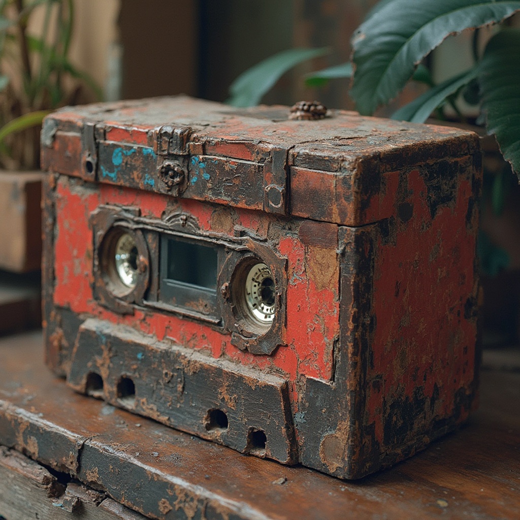 AI generated image by FLUX-Realism-Lora: QUE SEA UN PORTA VIDEOCASSETTE TIPO ESTANTERIA Y QUE SE VEA EL LOMO DE LOS CASSETTES Y QUE NO TENGAN ESCRITO NADA