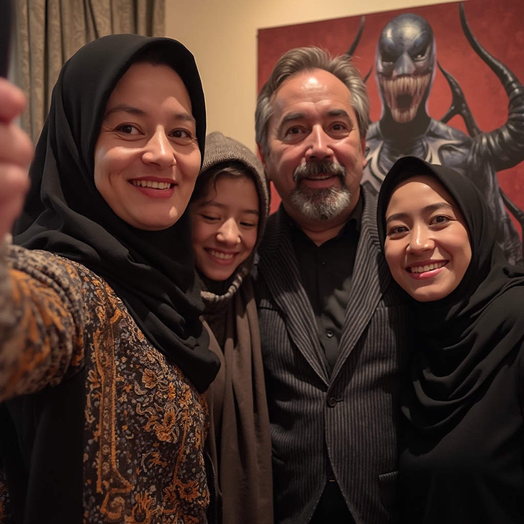 AI generated image by FLUX-Realism-Lora: " IMG_1024.HEIC " Malay Muslim family  in cinema  selfie with his friendship in Venom poster behind them