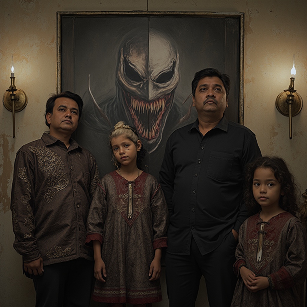 AI generated image by FLUX-Realism-Lora: " IMG_1024.HEIC " Malay Muslim family  in cinema with in Venom poster behind them