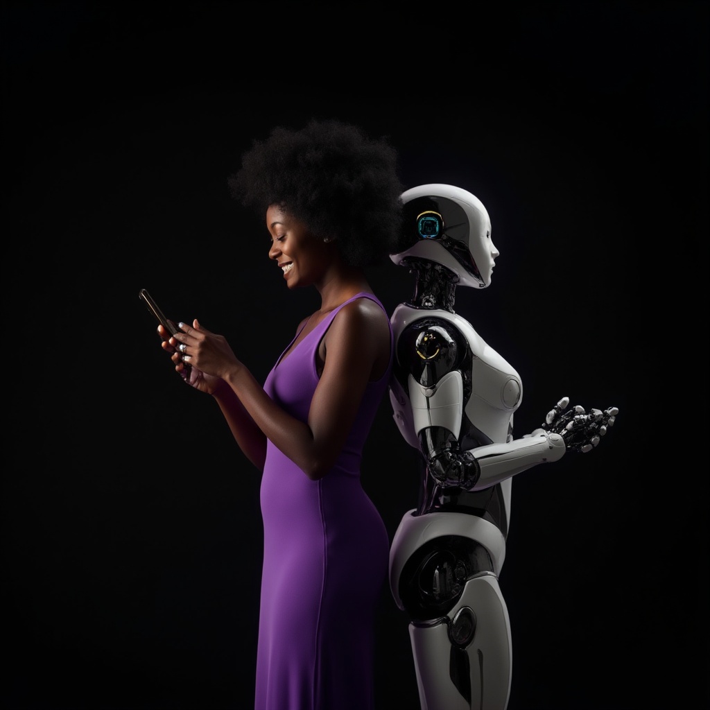 AI generated image by FLUX-Realism-Lora: A photorealistic scene of a 30-year-old Black woman with deep brown skin, wearing an elegant purple dress, standing excitedly while shopping on her phone. Her face shows joy and excitement as she discovers something amazing on her screen. Behind her, back to back, stands a highly realistic humanoid female robot with a sleek and futuristic design, glowing subtle elements, and an advanced AI companion aesthetic. The robot appears helpful and attentive, symbolizing a shopping assistant. The background is minimalistic and dark, blending smoothly with a black backdrop to ensure seamless integration into a black background. The lighting is soft yet highlights both figures, creating depth and realism. The image captures the dynamic process of shopping, emphasizing their companionship and technology-driven experience