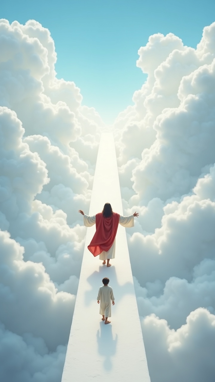 AI generated image by FLUX.1: A hyperrealistic scene of Jesus walking down a long white staircase made of clouds, completely surrounded by thick, fluffy clouds at different heights. The sky is clear and blue. Jesus wears a white robe with a red mantle, arms open in a peaceful and welcoming gesture as he descends. A young boy in simple biblical-era clothing stands at the bottom of the stairs, looking up at Jesus with awe and hope. The lighting is soft and natural—no golden glow, no arch, just serene atmosphere and vivid colors. The composition should emphasize movement and emotion, with many detailed clouds creating a heavenly ambiance.

