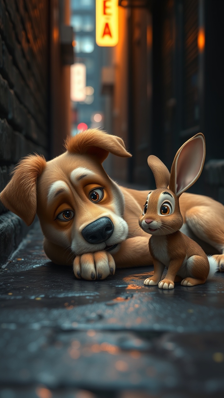 AI generated image by FLUX.1-schnell: A beautifully detailed 3D Pixar-style scene of Rocky, a scruffy stray dog with cream and brown fur, lying comfortably on the wet pavement of a dimly lit alley, his honey-colored eyes now soft and filled with gratitude. Bruno, a small brown rabbit with a soft white patch on his chest, hops forward and gently nudges Rocky’s front paw with his tiny nose, his large eyes sparkling with warmth. One of his ears flops to the side while the other stands tall, showing his playful but affectionate nature. Rocky exhales a soft, content sigh as he gazes at the tiny creature beside him. The neon reflections from the distant city lights shimmer on the damp pavement, adding a cozy and emotional glow to the scene, symbolizing the moment their friendship is truly born.