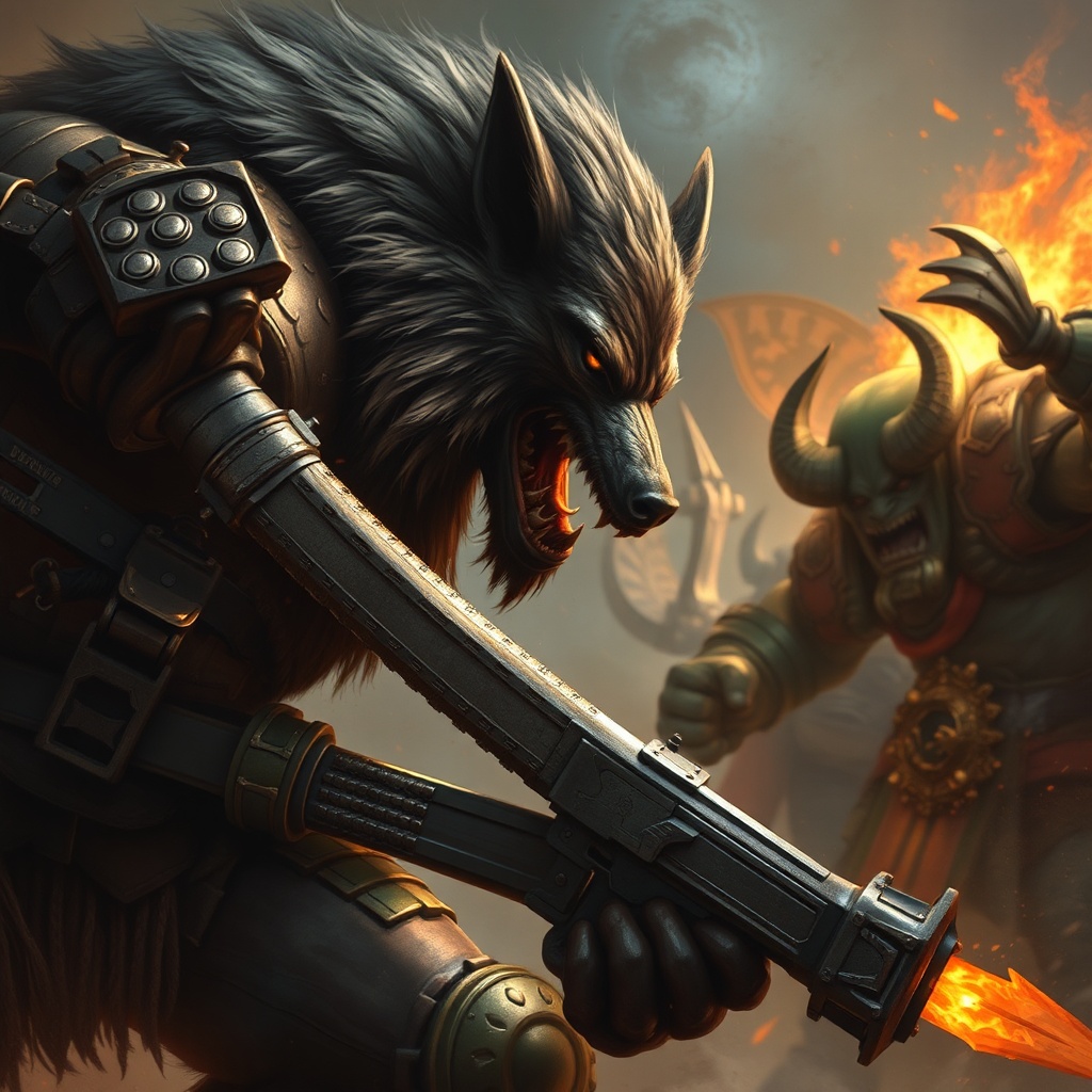 AI generated image by FLUX.1-schnell: henry cavill in warhammer 40000 as a space wolf fighting against orks