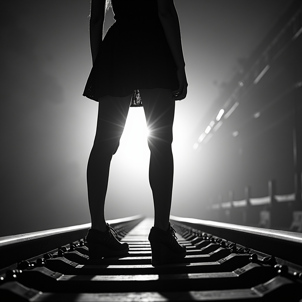 AI generated image by FLUX.1-image-to-image: A black-and-white central-compositioned closeup photo at night. The silhouette of a woman's legs stands with her back to the camera on railroad tracks, facing the background. A spotlight from the background shines between her legs. dramatic backlit lighting.
