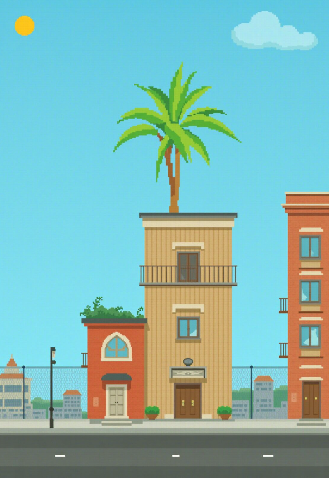 AI generated image by FLUX.1-image-to-image: develop the vector image similar to the attached one with showing buildings on sides (half or full) and no sharp edges.
