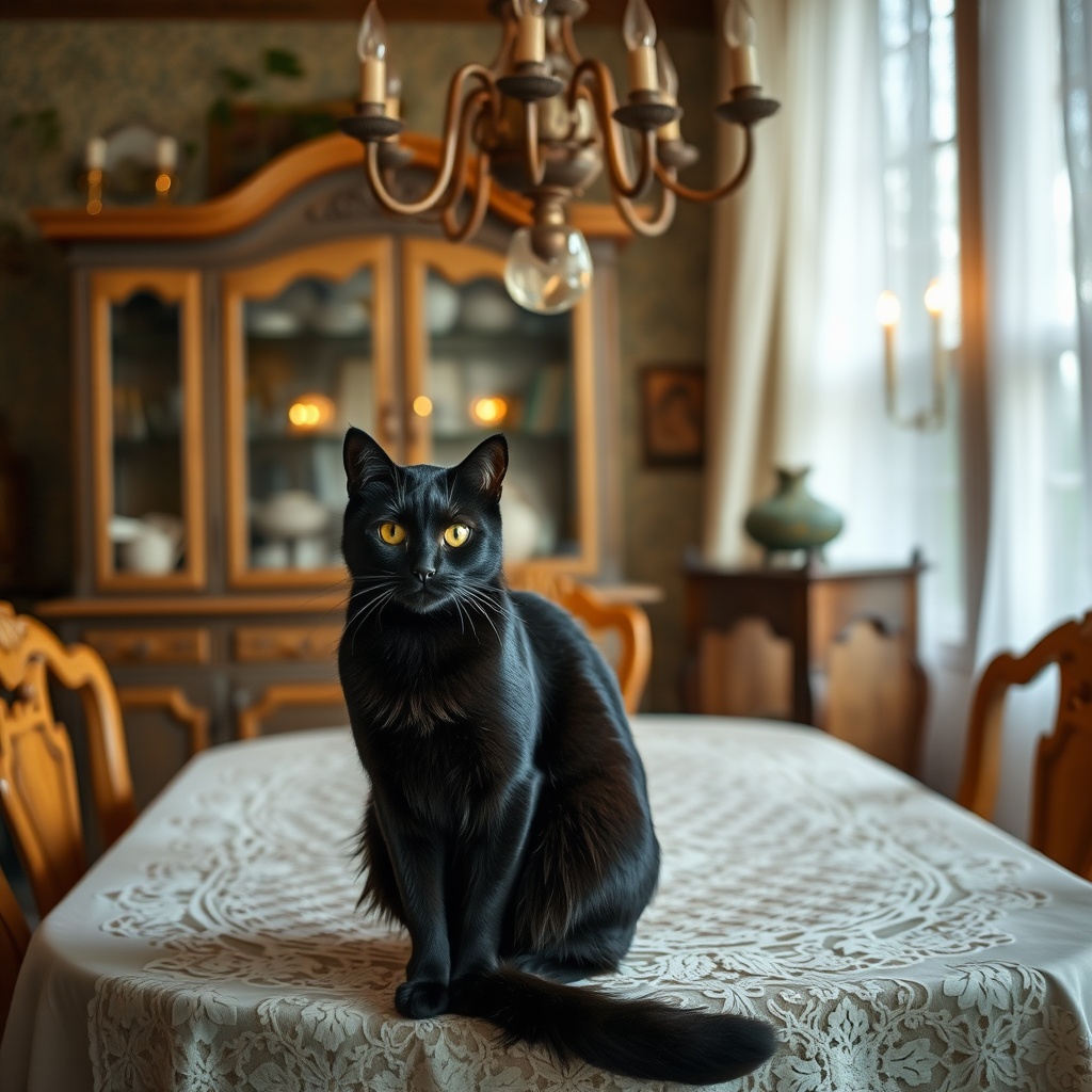 AI generated image by FLUX.1-schnell: Vintage Vibes: A sleek black cat sitting on a vintage dining table, adorned with a lace tablecloth, an antique chandelier hanging above, and candleholders flickering softly.