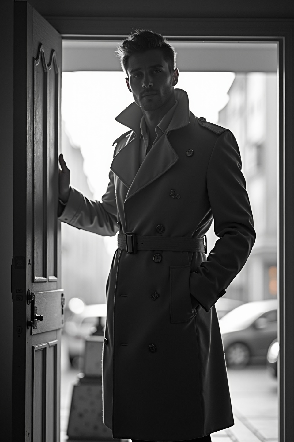 AI generated image by FLUX.1-image-to-image: black-and-white photo with the backlit dark silhouette of a handsome broad-shouldered man in a trench coat standing in a doorway coming and looking to camera. 
The man touching the door, as if he just entered the room. God rays. Backlight. Overexposed street background 