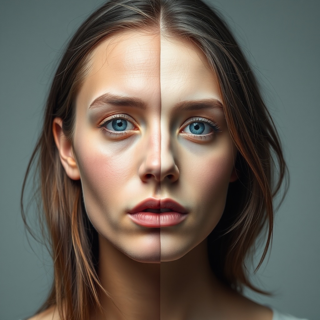 AI generated image by FLUX.1-schnell: A face that is half male, half female, split down the middle