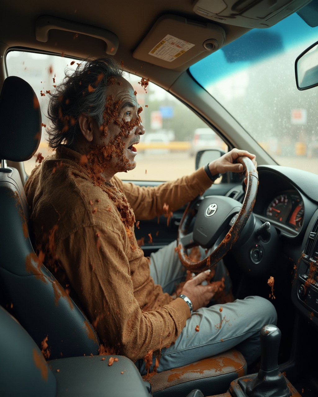 AI generated image by FLUX-Realism-Lora: back Brown liquid lump, dark brown dirty liquid food scraps, dark yellow, very joke hyper crazy emotion, A Cambodian man in the driver's seat of an Toyota car, driving fast with his eyes wide open and mouth agape as he blows up into small Dirty liquid, brown, dark yellow from being hit by flying Dirty liquid, brown, dark yellow items while wearing gray jeans and brown sweater. The airbag is fully zumed out on him. His head torso and arms have been blown off against glass windscreen. In color. Realistic photo. He sits behind the wheel. A pillow flues out to cover parts of body.
Background is a chaotic road scene.. It's raining outside.