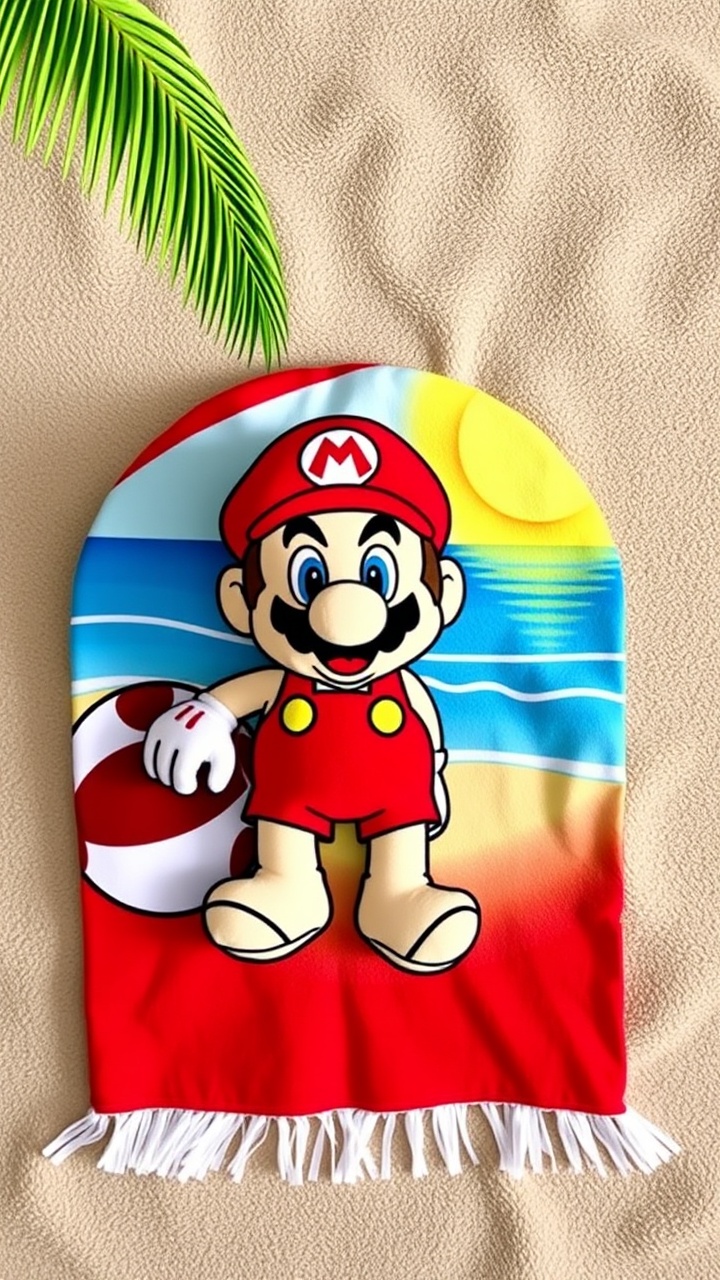 AI generated image by FLUX.1-schnell: Mario Plush Beach Red Towel Beach Ball