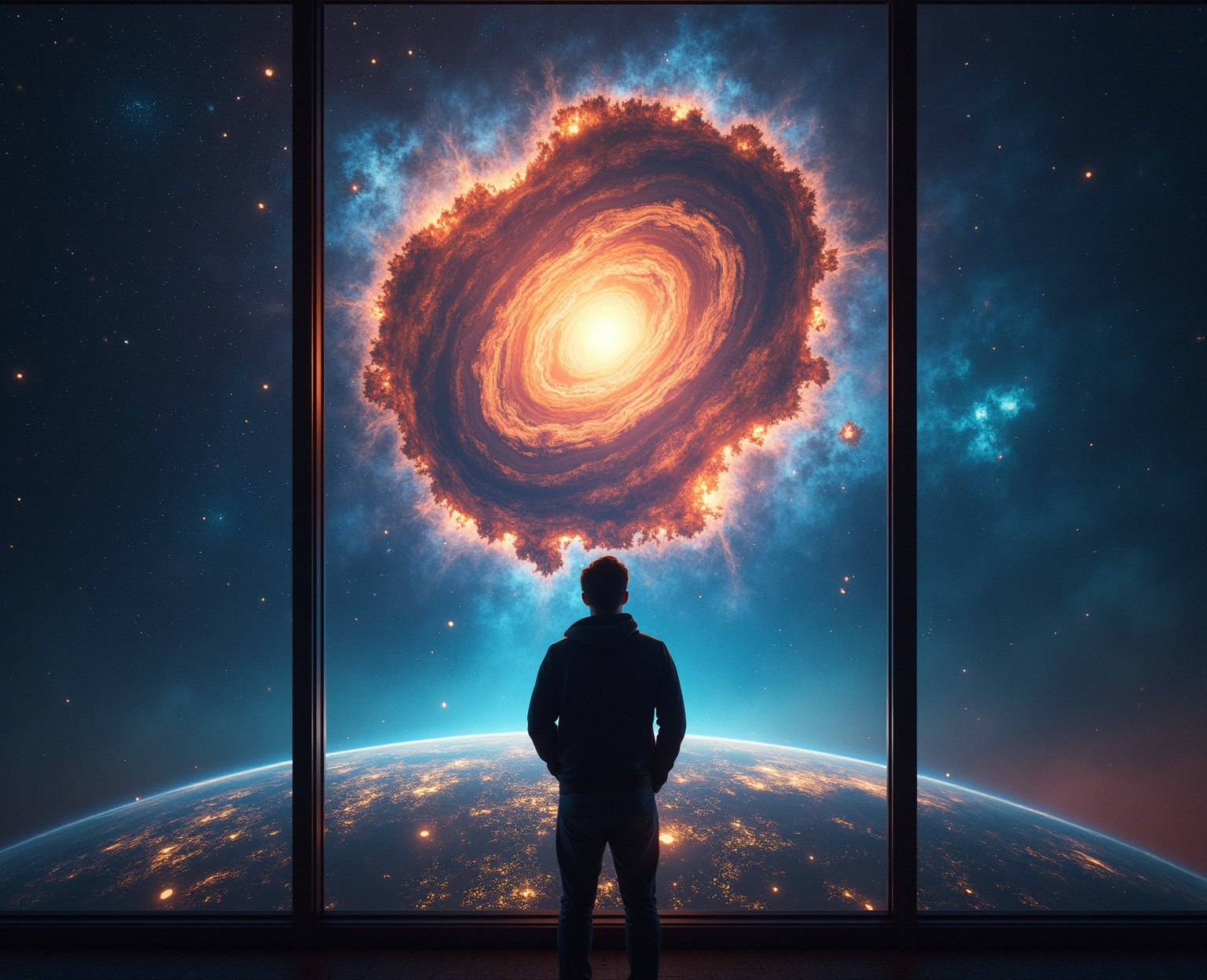 AI generated image by FLUX.1-image-to-image: A man is looking at the universe controlling a console panel