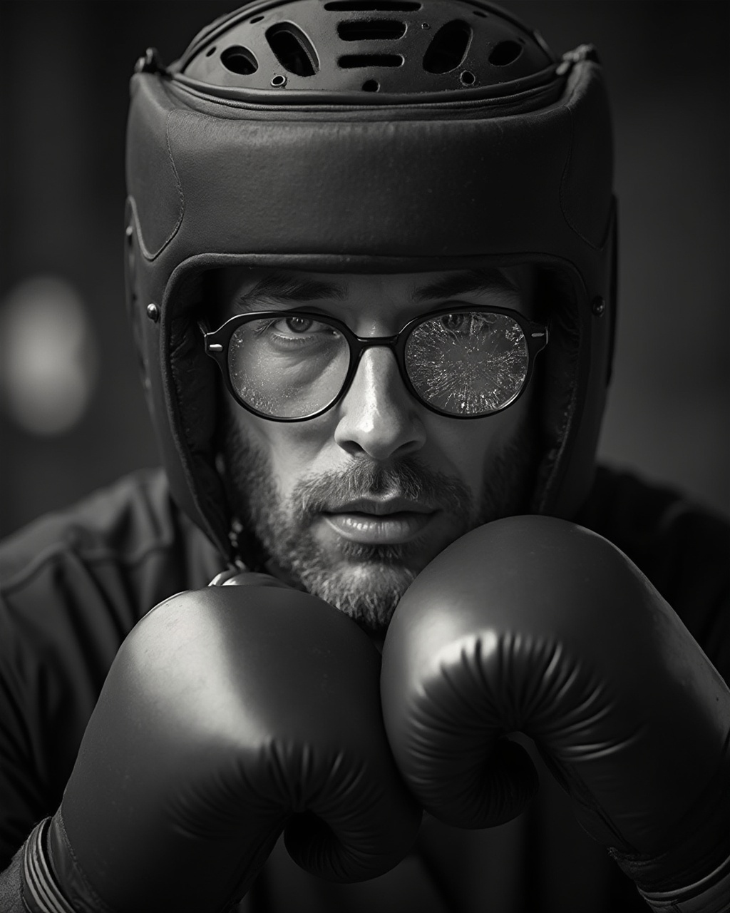 AI generated image by FLUX-Realism-Lora: Black and white close-up photo of a handsome boxer man with gloves, helmet and glasses and one glass is broken.  Backlight 