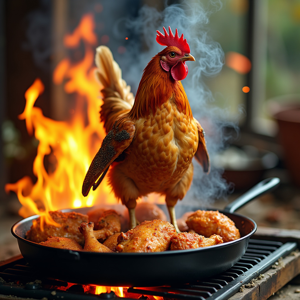 AI generated image by FLUX.1-pro: A Cock is cooking chicken fry