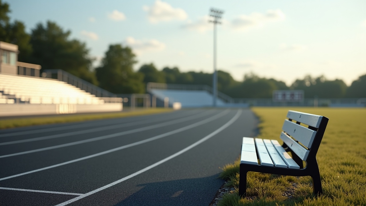 AI generated image by FLUX.1-pro: A realistic photograph of a simple modern metal bench with a running track in the background. The bench should take up the lower right corner of the composition, and sit off to the side of the track in short grass, gravel or another unobtrusive outdoor surface. The track and scenery takes up the upper left two thirds of the composition. The track itself should take up as much of the background and width of the image as possible while still looking realistic in perspective. The running track is made of black rubber turf with white stripes, and the curved part of the track is what is visible to the camera. There should be no bleachers or buldings visible. The photo should include sky and trees off in the far distance with lens blur, while the box and the bench should be in full focus. 