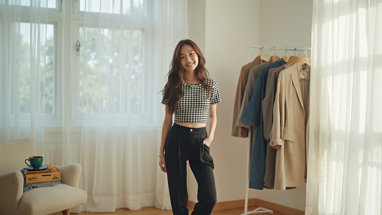 AI generated image by FLUX-Realism-Lora:   Create a well-lit indoor scene featuring a minimalist fashion setup. A cheerful korean pretty woman with long brown hair is standing at the center, wearing a black and white gingham crop top and black high-waisted bottoms, posing playfully. The background includes a clothing rack on the right filled with neatly arranged winter office outfits in neutral and muted tones, including blazers, coats, and denim. On the left side, there is a small wooden side table holding a green coffee cup and a box of pastries. The room is illuminated by natural light streaming through sheer white curtains on a large window. The flooring is light wood, adding warmth to the minimalist decor. The overall tone is stylish, cozy, and inviting, suitable for a fashion tutorial or styling showcase."

Leica M10 Leica . Noctilux-SL 50mm f/1.2 ASPH

Rendered in ultra-high-resolution 8K, designed for hyper-realistic detail and vivid realism."