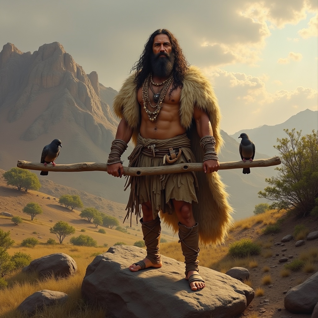 AI generated image by FLUX.1: A prehistoric man with long hair and a thick beard, standing on a large rock in a rugged, semi-arid landscape. He is wearing a simple outfit made of animal skins, with a woolly fur cape draped over his shoulders, covering his back and part of his body. Around his neck, he has a necklace made of small beads, bones, and shells. He also wears leather bracelets on both arms. The man holds a wooden pole horizontally in front of him, with two doves perched at each end. The scene is set during dawn, with warm, soft light coming from the right side, casting dramatic shadows across his figure and the landscape. The background features the wild mountains of Tenerife, sparse trees, and native flora, under a cloudy sky. The image is painted in a highly detailed, ultra-realistic oil painting style, emphasizing the sharp contrasts of light and shadow and the textures of the surroundings, creating a balanced and harmonious composition