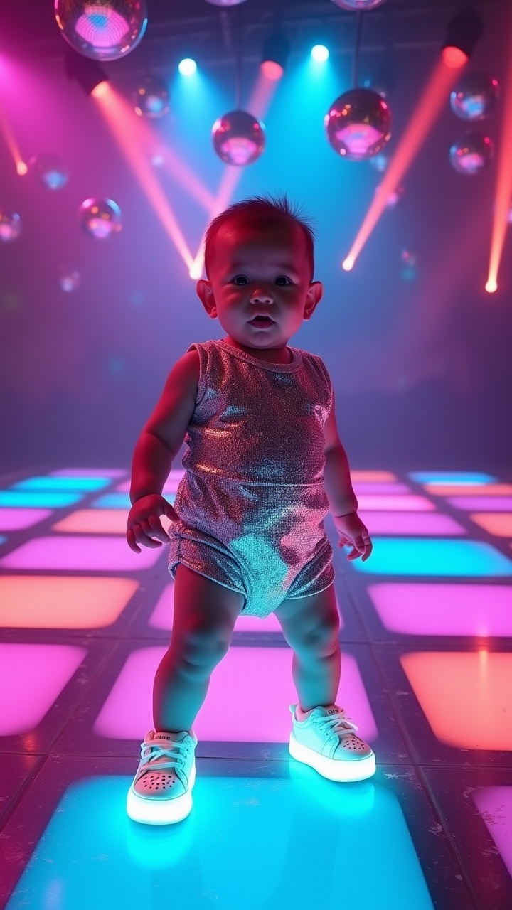 AI generated image by FLUX.1: "A baby in a silver sequined romper and glowing sneakers, standing confidently on a neon-lit stage surrounded by spinning disco balls, vibrant laser beams, and retro checkerboard floor panels glowing in pink and blue."