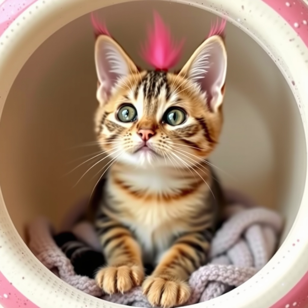 AI generated image by FLUX.1-schnell: Eine Katze mit rosa Pfoten und einer rosa Schwanzspitze sitzt in einem Körbchen