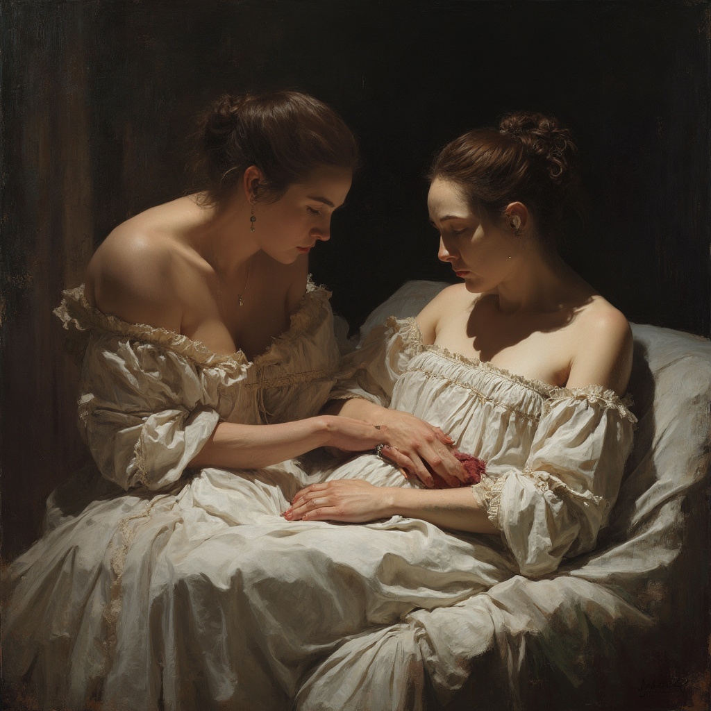 AI generated image by FLUX-Realism-Lora: Una donna seduta sul letto che si mette una mano sulla schiena