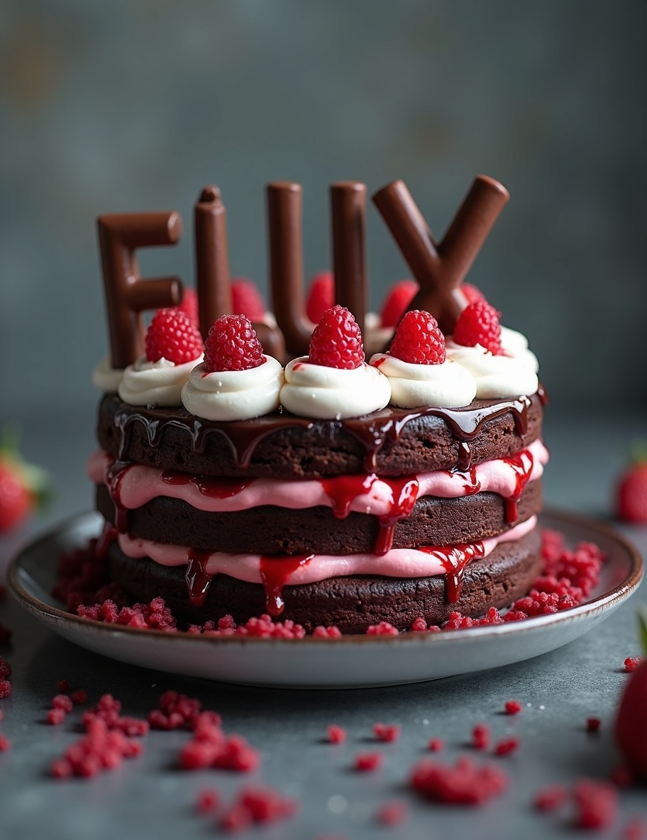 AI generated image by FLUX.1-image-to-image: black forest gateau cake spelling out the words "FLUX DEV", tasty, food photography, dynamic shot