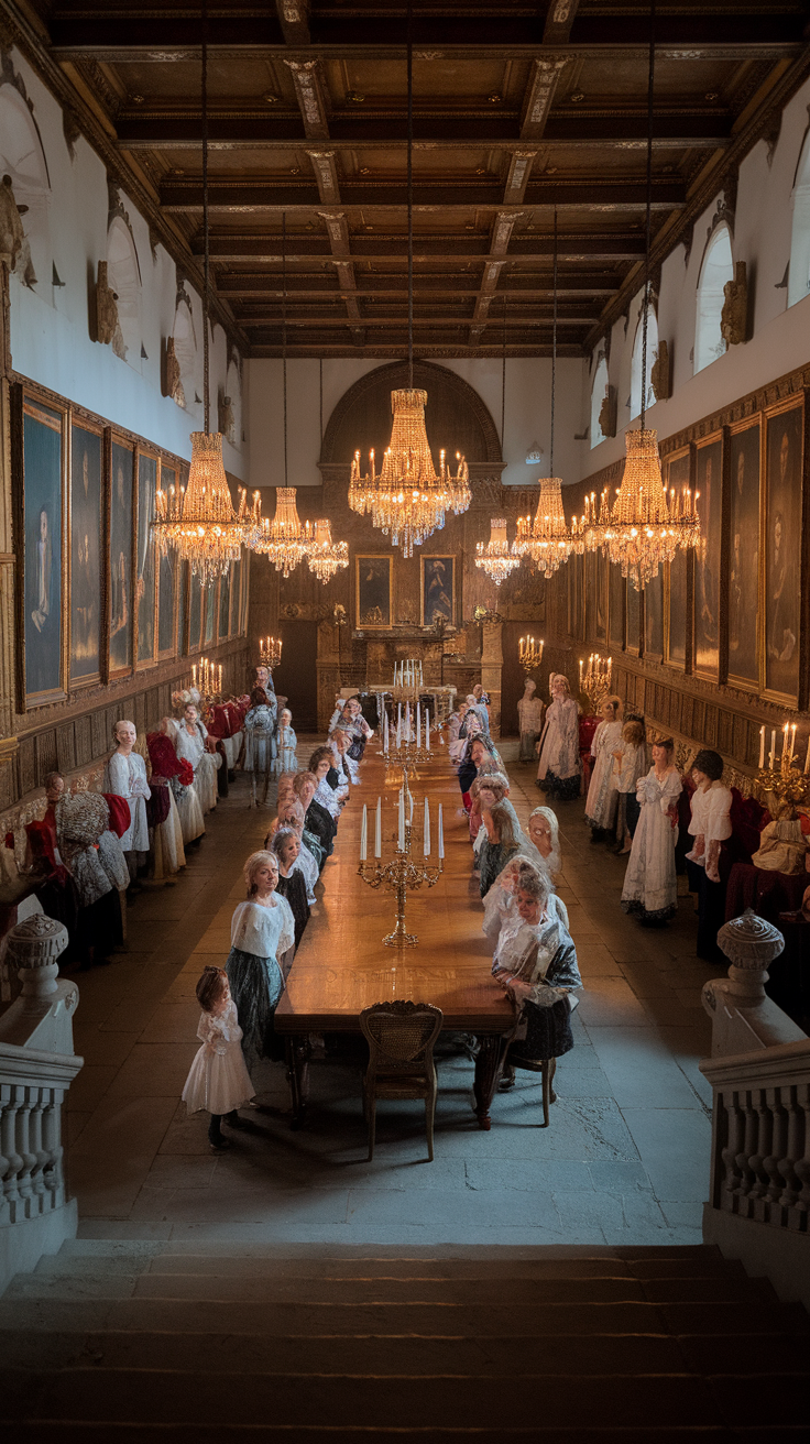 AI generated image by ideogram 2.0: First -person view. You are in a magnificent castle. You go down to the dining room where the family and servants meet you.