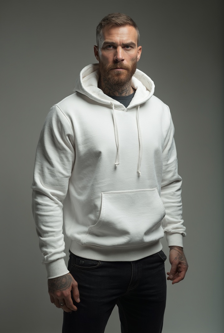 AI generated image by FLUX-Realism-Lora: handsome, muscular, courageous man, brutal, 30 years old, muscular, broad-shouldered, with wide cheekbones, serious, with piercing eyes, large jaw, very short hair, dynamic pose, dressed in a white hoodie and black jeans, bold style, full-length shot, simple and luxurious, high-quality, detailed, hyper-realistic professional photography, romantic, dreamy and expectant tone, natural lighting, He stands sideways, looks like a model